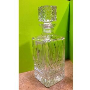 Vintage Square Crystal Glass Whiskey Decanter with Faceted Stopper Clear Cut